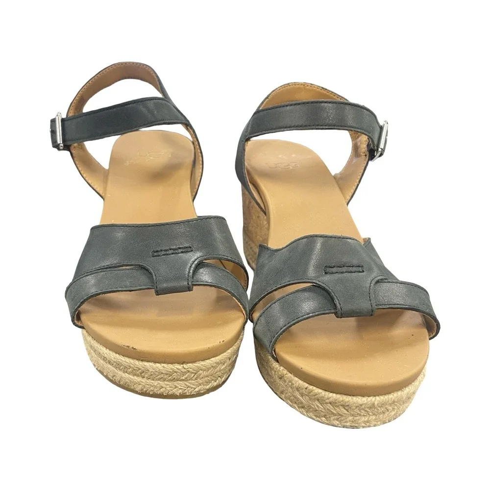 UGG Women's 1112681 Black Leather Cork Wedge Espadrille Sandals Sz 7 boho beach